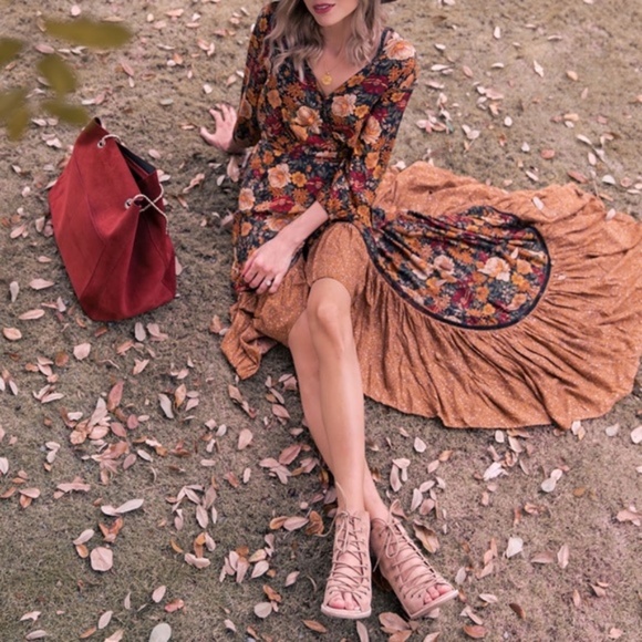 Ruffle hem floral orange boho gypsy maxi dress Ruffle Cottagecore - Picture 8 of 14